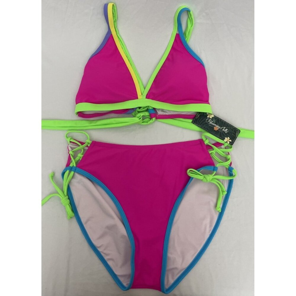 Blooming Jelly Women's High Waist Bikini Two Piece Swimsuit Pink Green NWT Sz M